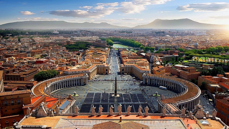 vatican, skyscraper, high angle view, travel, residential district, plaza, built structure, saint peter square, city life, aerial view, rome, 1080P, mountain