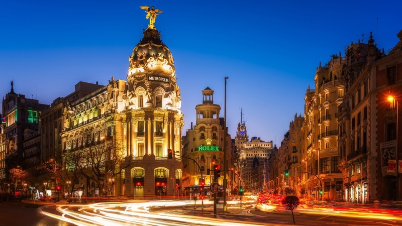 light trails, europe, street, long exposure photography, night, 1080P, evening, cityscape, spain, town square, urban area, gran via, madrid, gran vía