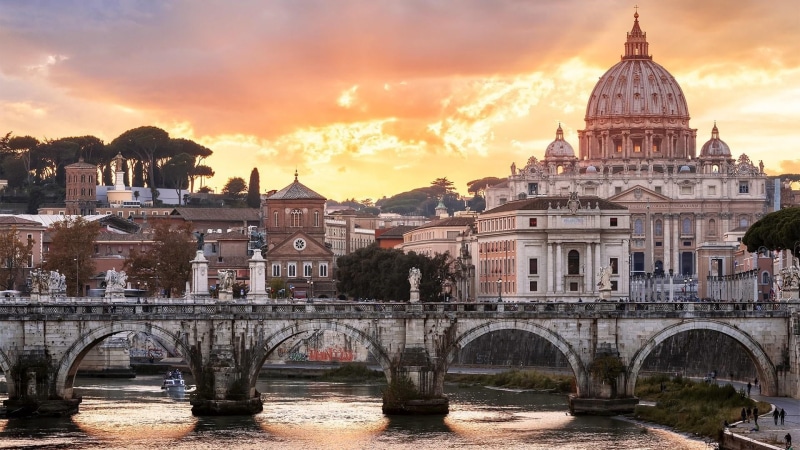 st angelo bridge, tourist attraction, ponte st angelo, dome, building, dusk, travel destinations, rome, bridge of angels, built structure, connection, cloud - sky