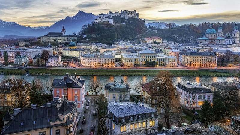 tree, 4K, landmark, neighbourhood, cityscape, morning, urban area, salzburg, castle, skyline, sky, evening, city, building, austria, mountain, river