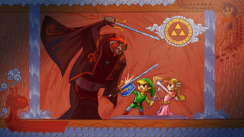 art and craft, Zelda, female likeness, history, illustration, architecture, Hylian Shield, creativity, the past, Triforce, belief, indoors, Ganondorf, The Legend of Zelda