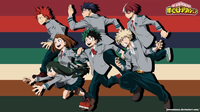 Midoriya Izuku, males, full length, Uraraka Ochako, human arm, Tsuyu Asui, adult, group of people, emotion, costume, 1080P, teenager, arms raised, females