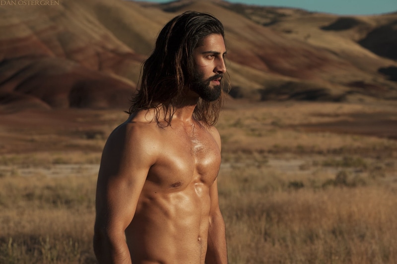 outdoors, abs, focus on foreground, shirtless, lifestyles, males, facial hair, one person, men, real people, standing, field, looking, land, 4-pack, hunks