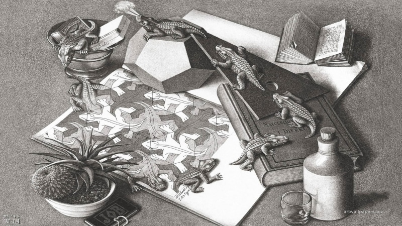 indoors, ribbon - sewing item, large group of objects, still life, artwork optical illusion drawing m c_ escher monochrome psychedelic animals reptile books 3d bottles