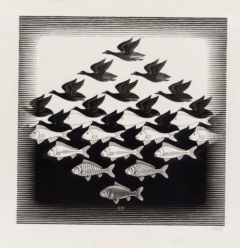 indoors, freshness, paper, transfer print, shape, 1080P, in a row, white color, table, m c escher artwork optical illusion drawing monochrome animals birds fish illustration signatures