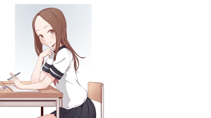 technology, beautiful woman, chair, indoors, businesswoman, white background, young women, young adult, business, karakai jouzu no takagi-san, women, side view
