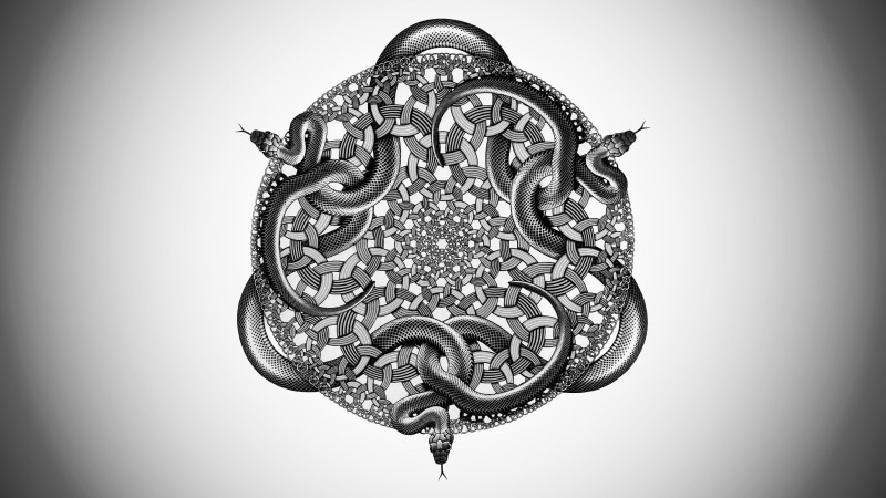 symmetry, occult, circle, drawing, 2K, M. C. Escher, abstract, snake, monochrome, artwork