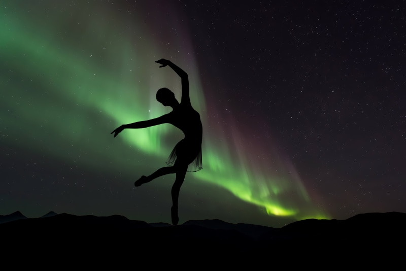 beauty in nature, space, full length, tranquil scene, ballet, photography, northern lights, northern, dancer, outdoors, green color, scenics - nature, tranquility