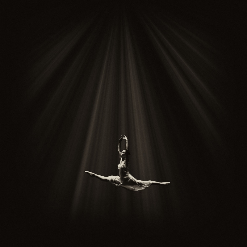 indoors, stage - performance space, one person, 2K, copy space, dance, model, elegance, spotlight, black background, studio shot, dancing, full length
