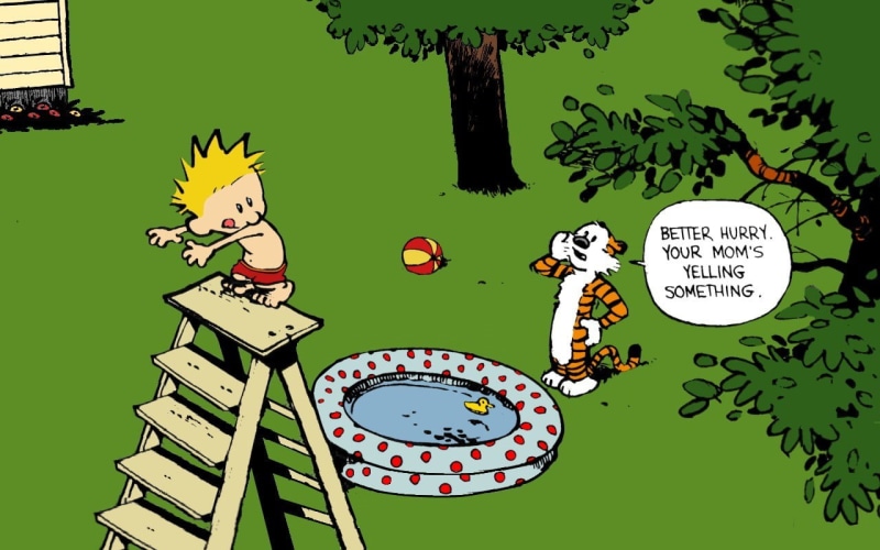 illustration, food and drink, boy, tiger, tree, 720P, communication, Bill Watterson, no people, western script, art and craft, indoors, Calvin and Hobbes