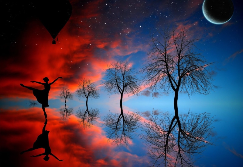 tree, tranquil scene, water, scenics - nature, trees, no people, branch, near, beauty in nature, 1080P, girl, star - space, painting, digital composite