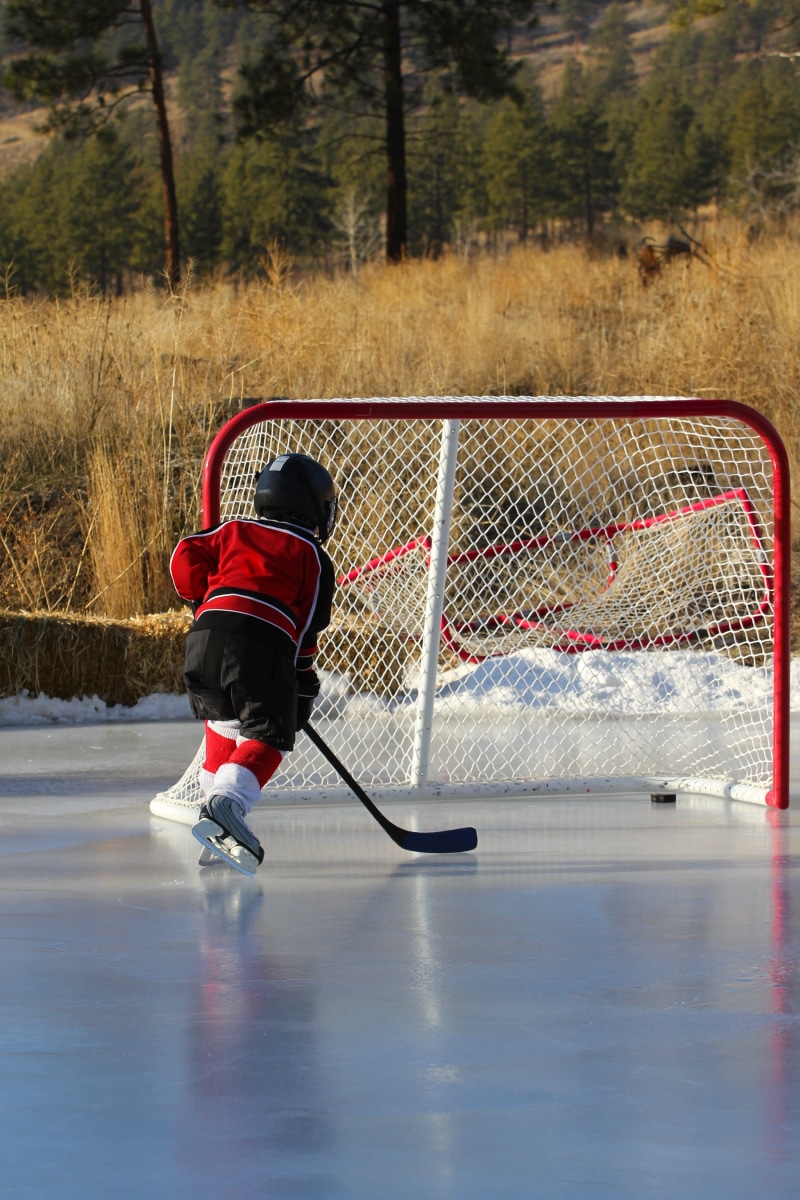 rink, playing, winter sport, net, childhood, snow, real people, child, ice rink, ice hockey stick, day, men, rear view, ice hockey, hockey stick, winter