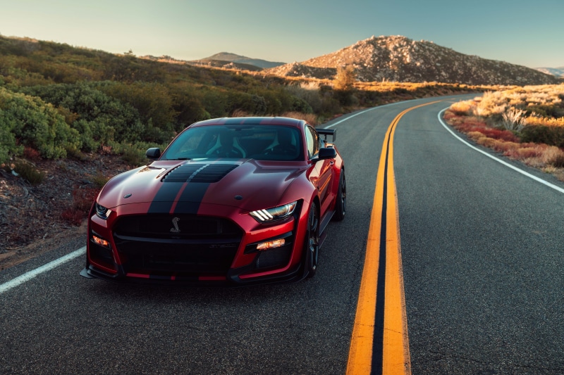 strips, 2020, markup, Ford, sports car, light, hills, 8K, road, Ford Mustang Shelby GT500, lights, asphalt, sports, machine, style, turn, the sun