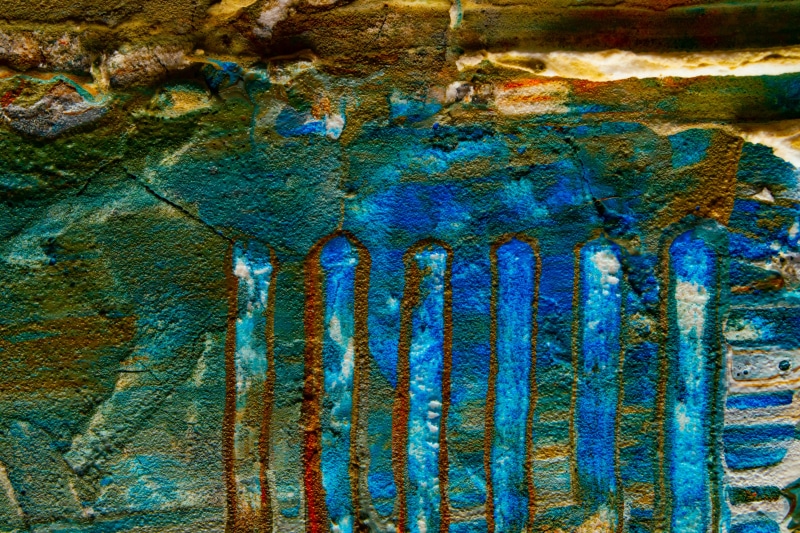 wall - building feature, full frame, old, rug, glass, blue, abstract painting, damaged, coin, turquoise colored, weathered, expressionism, 4K