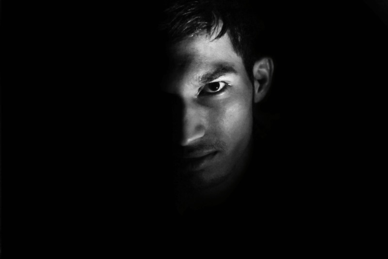 s, darkness, photography, adult, closeup, man, spooky, 5K, eyes, night, feelings, closeup photography, looking at camera, contemplation, black and white