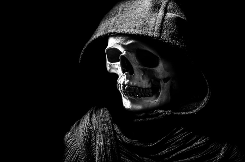 human body part, fear, studio shot, evil, skull, 1080P, looking at camera, holidays, black And White, adult, horror, celebration, grim reaper, one Person