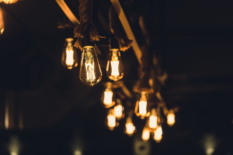 no people, night time, hanging, in a row, low angle view, single object, lighting Equipment, focus, 5K, light bulb, illuminated, night, electric light