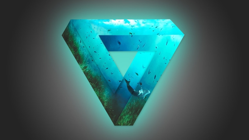 teal, creativity, blue, digital composite, triangle, positive emotion, lighting equipment, shape, blue background, cut out, fish, optical illusion, cyan