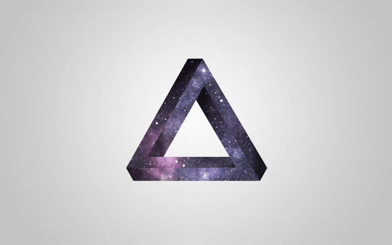 optical illusion, Penrose triangle, stars, indoors, sign, digital art, text, single object, no people, close-up, studio shot, symbol, education, triangle