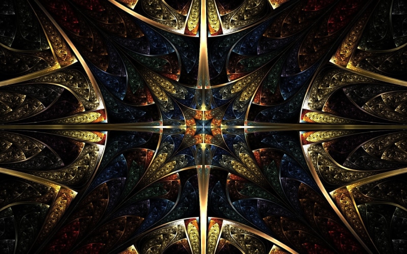 Dark, Fractal, shape, metal, Symmetry, gold, glass, pattern, ornate, directly below, 1080P, green, design, no people, Digital Art, digital composite, red