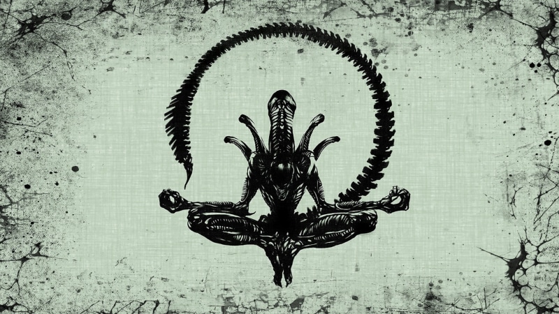 1080P, Alien (movie), humor, Xenomorph, simple background, black, meditation, fictional, simple, digital art, aliens