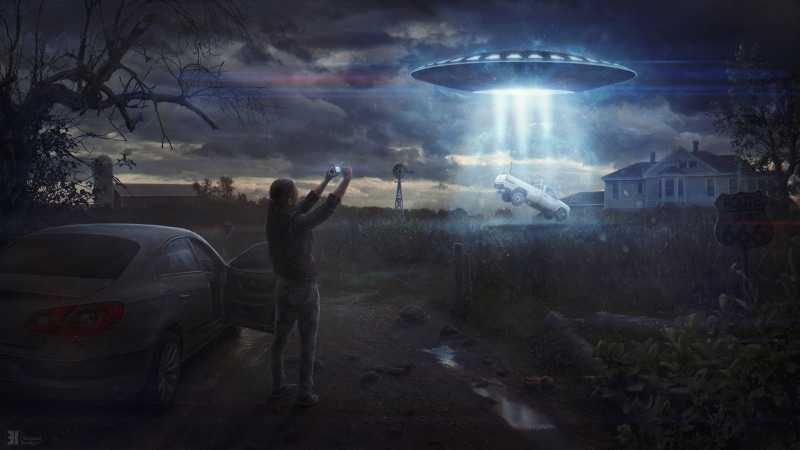 digital art, rural, UFO, 1080P, science fiction, clouds, car, alien abduction, Evgenij Kungur