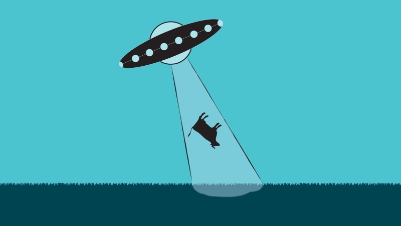 minimalism, aliens, digital art, UFO, grass, alien abduction, cow, 1080P, humor, blue background, lights, field, CGI, simple background, animals