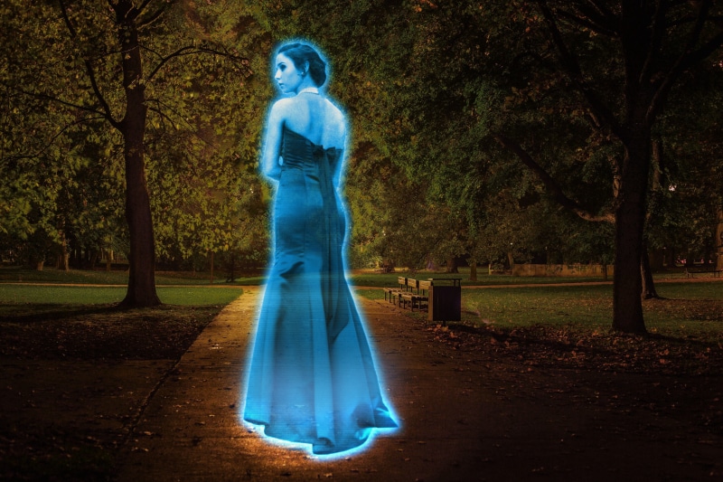 one person, trees, female, outdoors, night, human representation, halloween, beautiful, forest, full length, pretty, haunting, brunette, plant, path, hologram