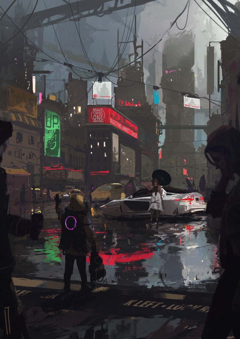 architecture, futuristic, people, sign, artwork, city, motor vehicle, science fiction, water, transportation, city street, communication, outdoors, men