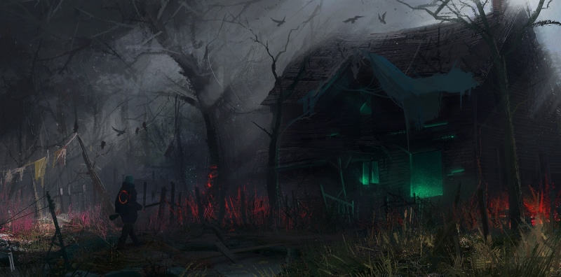 Ismail Inceoglu, village, digital art, 1080P, forest, science fiction, house