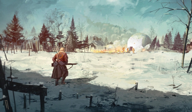 concept art, gun, winter, Ismail Inceoglu, 1080P, clothes, men, snow, nature