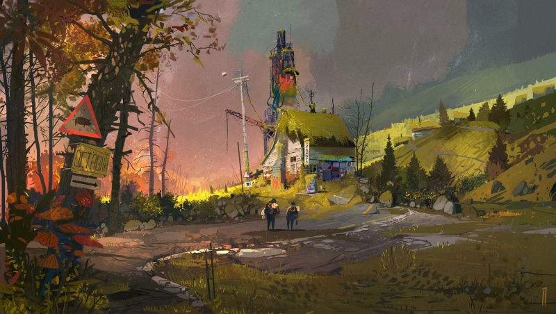 Ismail Inceoglu, shack, forest, digital art, ruins, mushroom, 1080P, signs, power lines