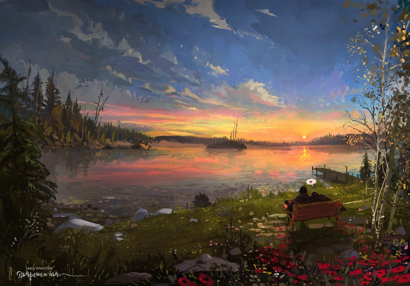 digital art, 1080P, Ismail Inceoglu, artwork, trees, couple, sunset, nature, lake