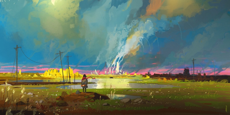 1080P, alone, standing, artwork, ArtStation, sky, fire, Ismail Inceoglu, smoke, burning, landscape