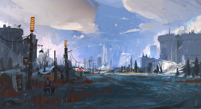 ArtStation, Ismail Inceoglu, 1080P, outdoors, sky, artwork, futuristic, clouds