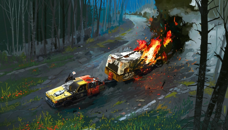 1080P, vehicle, burning, ArtStation, car, hindcarriage, Ismail Inceoglu, artwork, fire