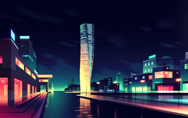 cityscape night lights building reflection digital art skyscraper street stars clouds romain trystam artwork city street light, 2K