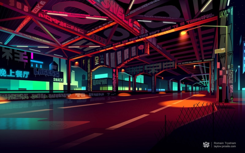 city lights, street light, street, cityscape, Romain Trystam, colorful, digital art, 1080P