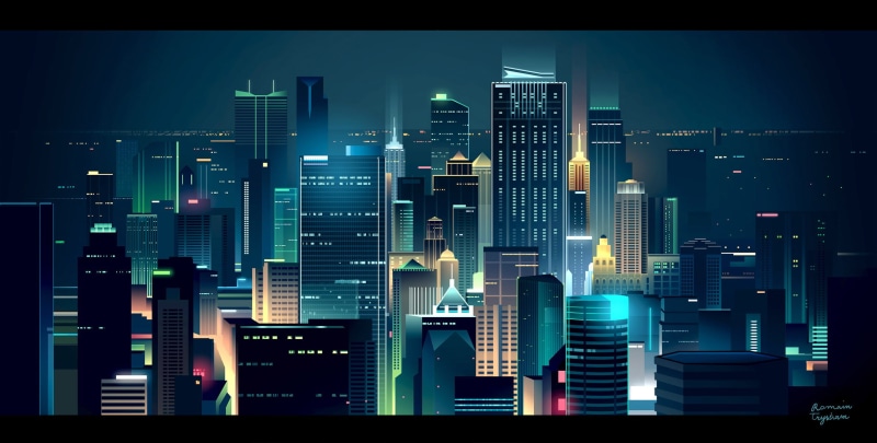 Colorful, 1080P, Cityscape, skyline, City Lights, digital art, Romain Trystam