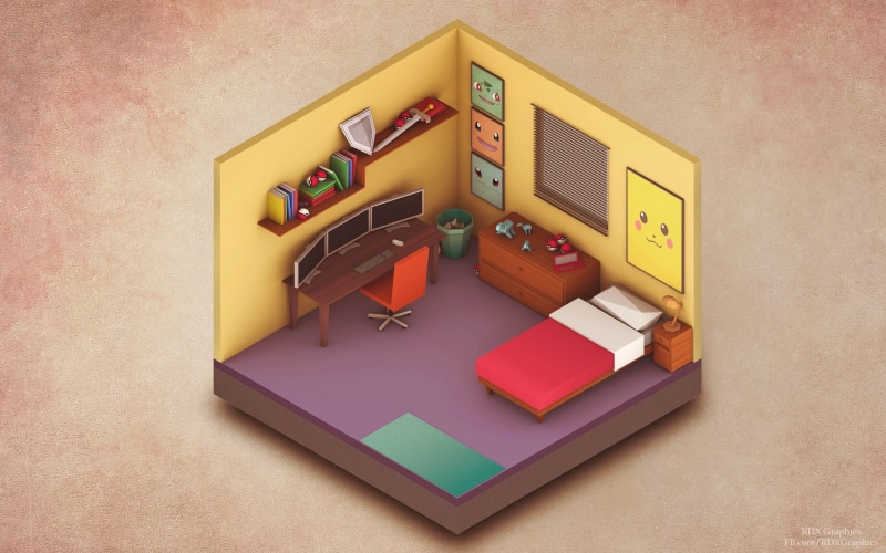 no people, isometric, toy, table, bedroom, picture frame, yellow, multi colored, wall - building feature, connection, shape, illustration, geometric shape