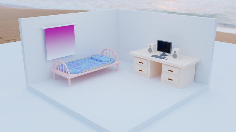 portable information device, isometric, furniture, paper, white color, bed, 3D, 1080P, minimalism, home interior, indoors, technology, home, room, Blender