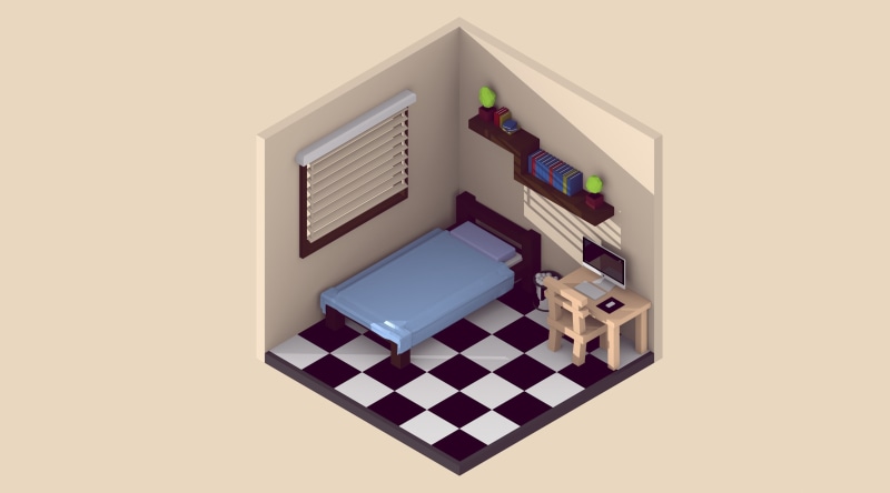 studio shot, indoors, Artistic, low poly, no people, house, maya, technology, white color, colorful, c4d, man, architecture, medium group of objects, home interior