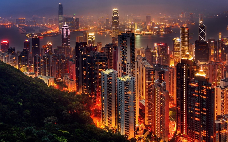 sky, outdoors, building, building exterior, apartment, architecture, night, city, 1080P, built structure, office, Hong Kong, city life, illuminated, high angle view