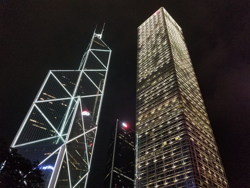 lights, office building exterior, tall - high, outdoors, 4K, low angle view, sky, bank of china tower, architecture, no people, building, hong kong, modern