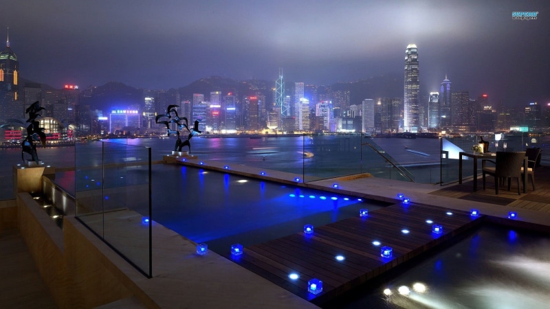 Hong Kong, lights, railing, reflection, building, water, people, sky, cityscape, built structure, city, building exterior, travel destinations, skyscraper
