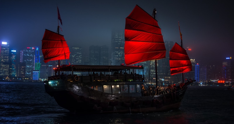 Hong Kong, 2K, cityscape, junk, architecture, ship, city lights, skyscraper, mist, building, night, water