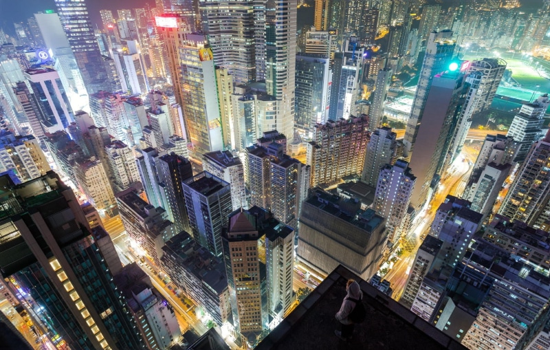 high angle view, tower, buildings, building, cityscape, architecture, city life, office, modern, Hong Kong, crowd, illuminated, city lights, built structure