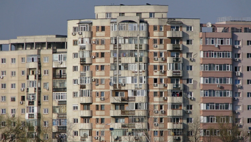 low angle view, romania, balcony, large, concrete, building, nature, town, outdoors, urban Scene, home ownership, city, variation, cityscape, facade, 1080P