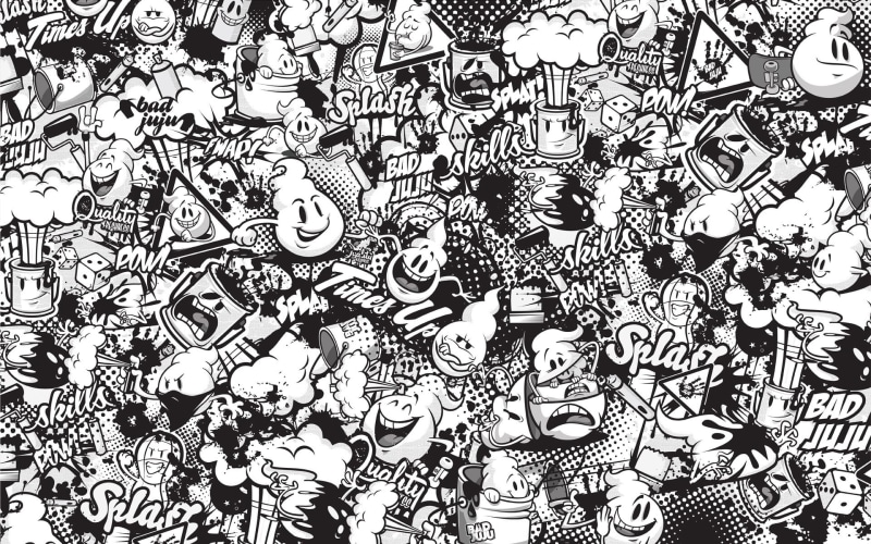 no people, large group of objects, vector, characters, grafiti, abundance, doodle, cartoon, representation, abstract, black and white, figure, high angle view