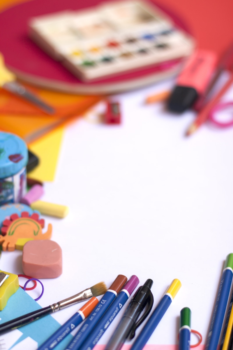 art, pile, creativity, school, indoors, multi Colored, high angle view, 4K, brush, close-up, table, still life, paper, group, writing instrument, art and craft